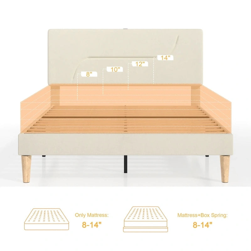 Cadre de lit plateforme avec stations de recharge et lumières LED, support en lattes de bois solides, pas besoin de sommier.