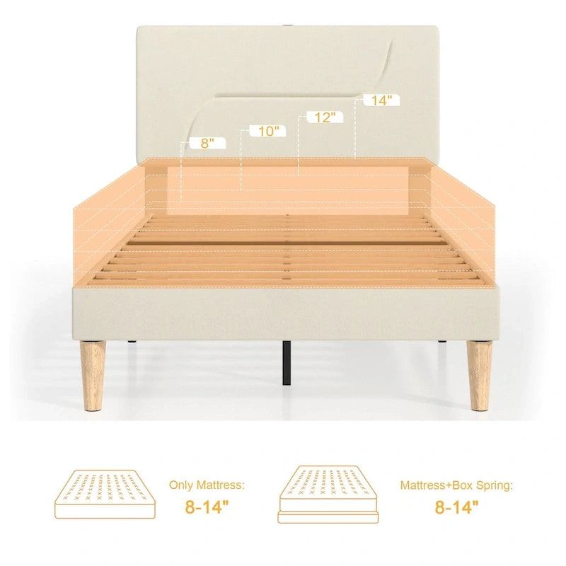 Cadre de lit plateforme avec stations de recharge et lumières LED, support en lattes de bois solides, pas besoin de sommier.