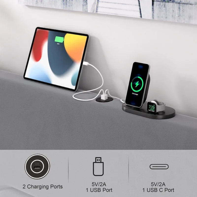 Cadre de lit plateforme avec stations de recharge et lumières LED, support en lattes de bois solides, pas besoin de sommier.