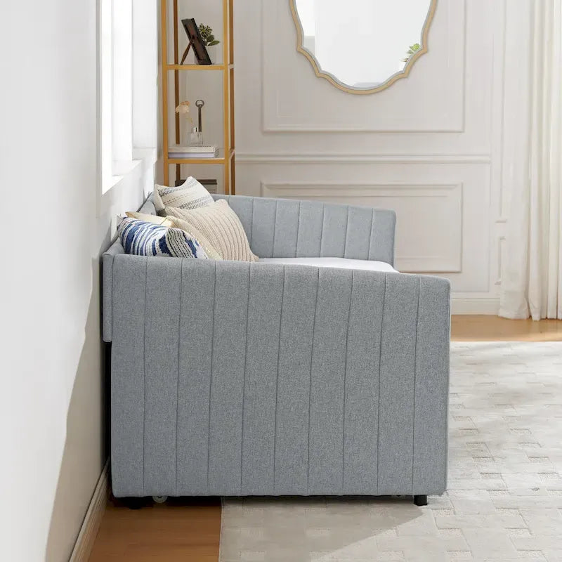 Lit de repos en lin double avec lit gigogne et rayures verticales - Capacité de 227 kg