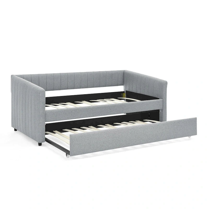 Lit de repos en lin double avec lit gigogne et rayures verticales - Capacité de 227 kg