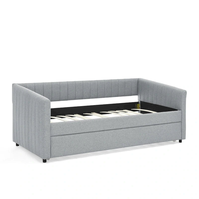 Lit de repos en lin double avec lit gigogne et rayures verticales - Capacité de 227 kg