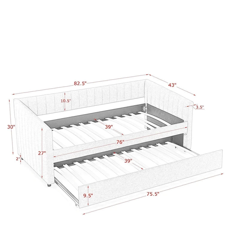 Lit de repos en lin double avec lit gigogne et rayures verticales - Capacité de 227 kg