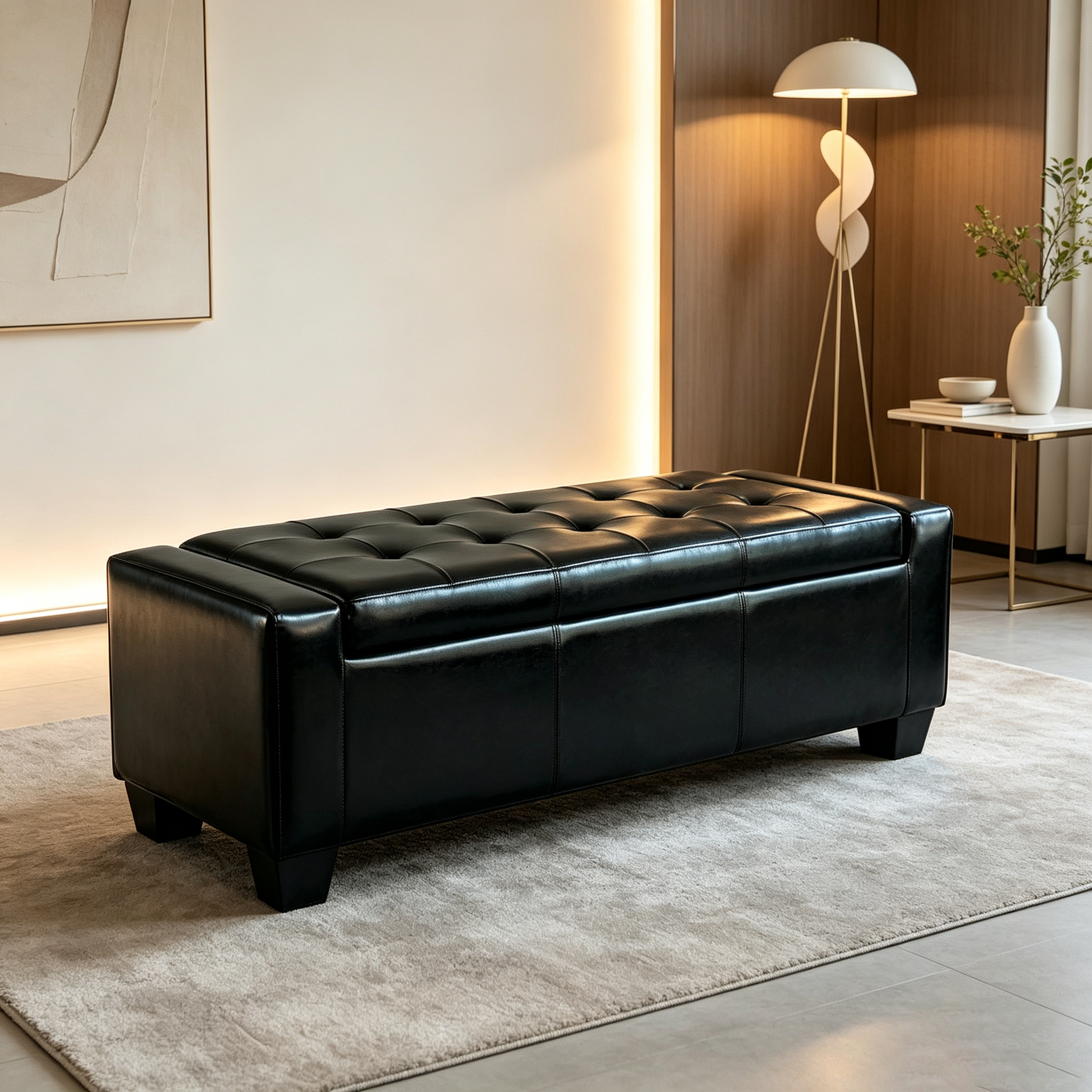 Banc de rangement ottoman en similicuir noir
