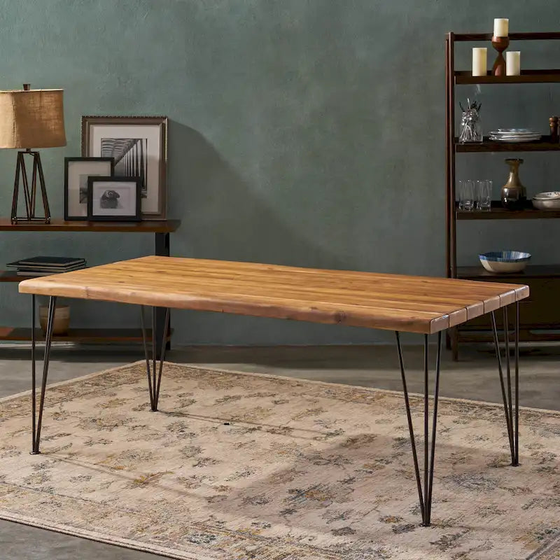 Table à manger en bois d'acacia de 72 pouces - finition teck + métal rustique
