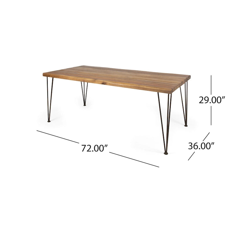 Table à manger en bois d'acacia de 72 pouces - finition teck + métal rustique