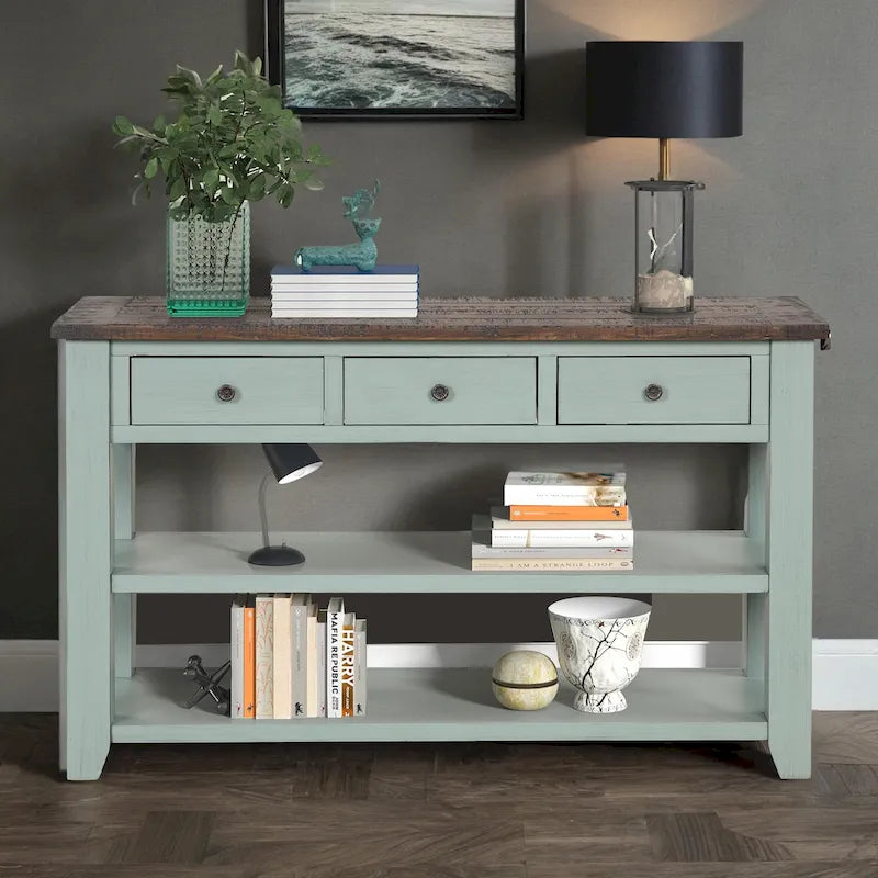 Table console en pin massif de 48 pouces avec 3 tiroirs de rangement et 2 étagères. Table d'appoint moderne pour entrée de canapé. Facile à assembler.