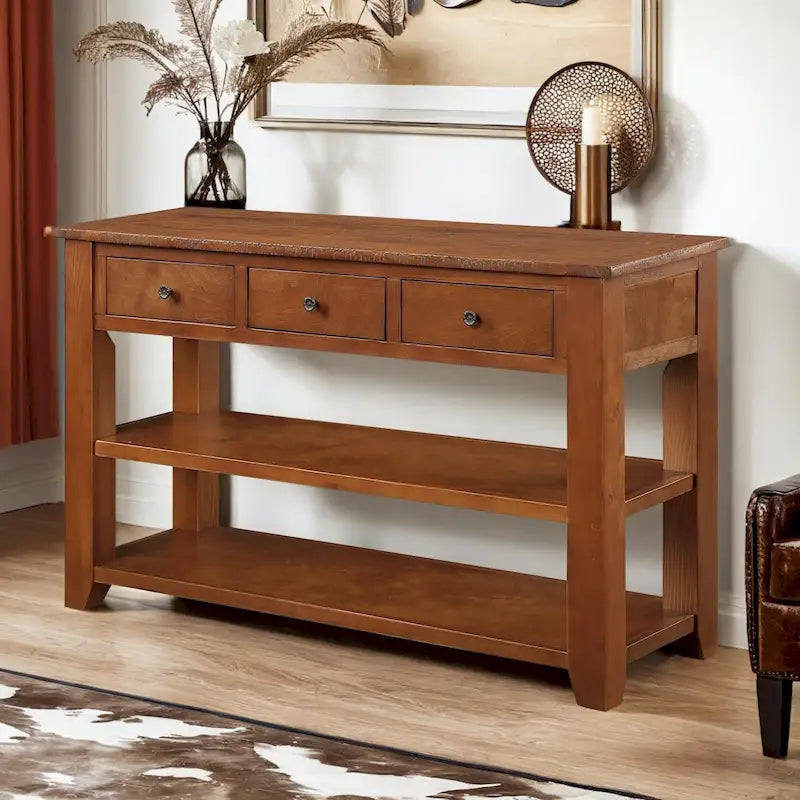 Table console en pin massif de 48 pouces avec 3 tiroirs de rangement et 2 étagères. Table d'appoint moderne pour entrée de canapé. Facile à assembler.