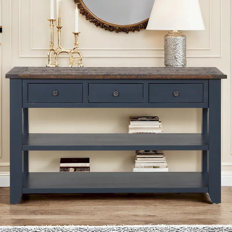 Table console en pin massif de 48 pouces avec 3 tiroirs de rangement et 2 étagères. Table d'appoint moderne pour entrée de canapé. Facile à assembler.