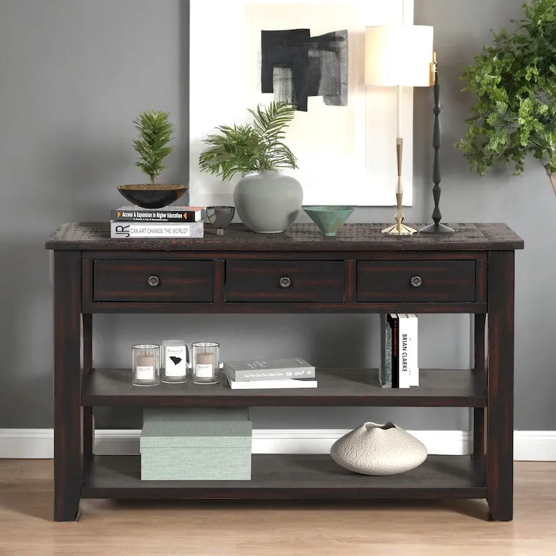 Table console en pin massif de 48 pouces avec 3 tiroirs de rangement et 2 étagères. Table d'appoint moderne pour entrée de canapé. Facile à assembler.