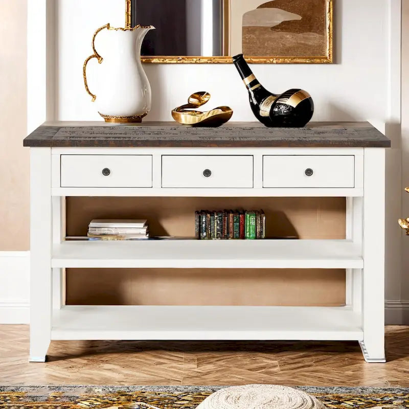 Table console en pin massif de 48 pouces avec 3 tiroirs de rangement et 2 étagères. Table d'appoint moderne pour entrée de canapé. Facile à assembler.