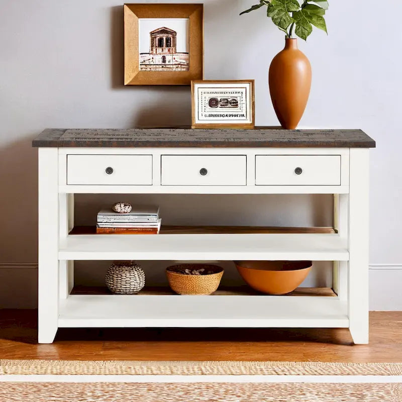 Table console en pin massif de 48 pouces avec 3 tiroirs de rangement et 2 étagères. Table d'appoint moderne pour entrée de canapé. Facile à assembler.