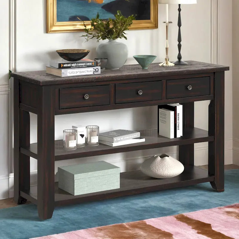 Table console en pin massif de 48 pouces avec 3 tiroirs de rangement et 2 étagères. Table d'appoint moderne pour entrée de canapé. Facile à assembler.