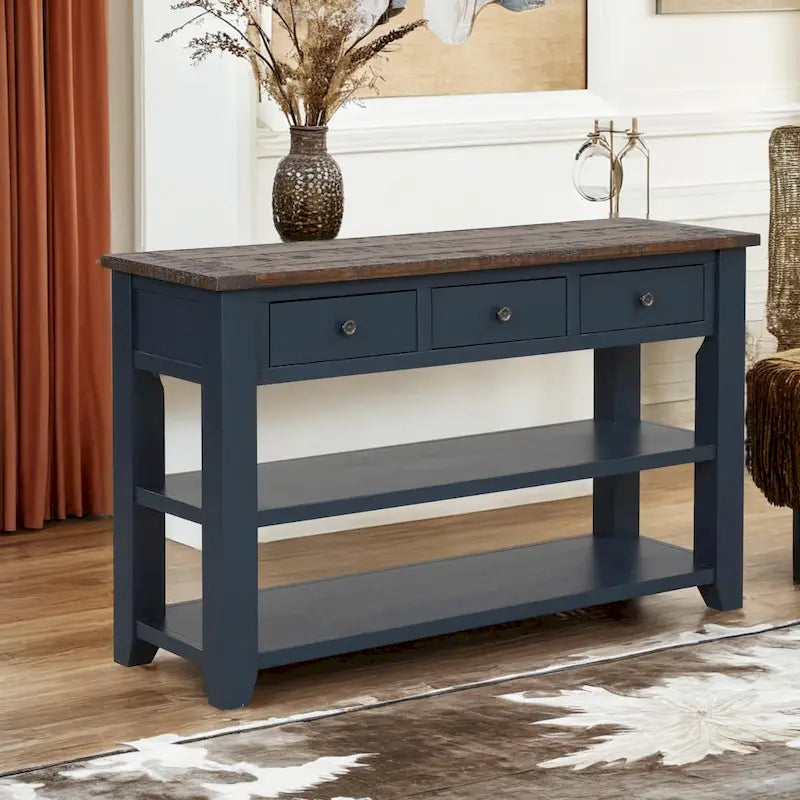 Table console en pin massif de 48 pouces avec 3 tiroirs de rangement et 2 étagères. Table d'appoint moderne pour entrée de canapé. Facile à assembler.