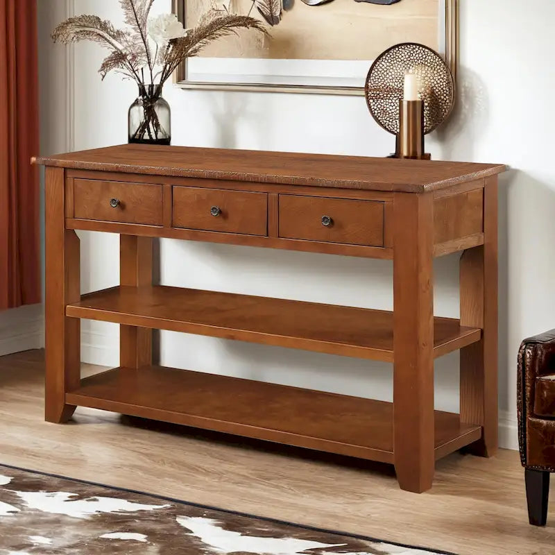 Table console en pin massif de 48 pouces avec 3 tiroirs de rangement et 2 étagères. Table d'appoint moderne pour entrée de canapé. Facile à assembler.