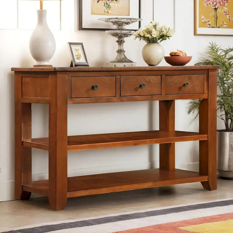 Table console en pin massif de 48 pouces avec 3 tiroirs de rangement et 2 étagères. Table d'appoint moderne pour entrée de canapé. Facile à assembler.
