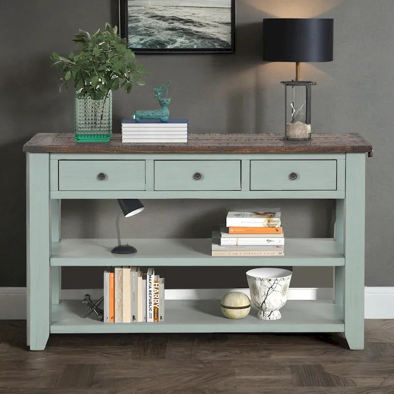 Table console en pin massif de 48 pouces avec 3 tiroirs de rangement et 2 étagères. Table d'appoint moderne pour entrée de canapé. Facile à assembler.