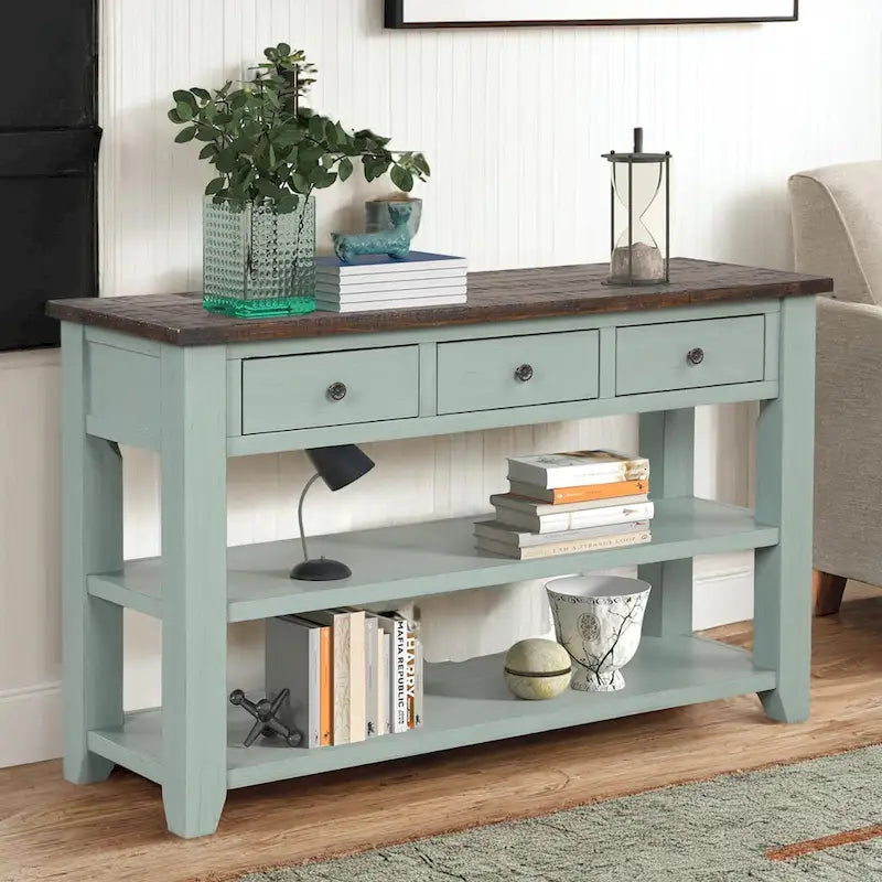 Table console en pin massif de 48 pouces avec 3 tiroirs de rangement et 2 étagères. Table d'appoint moderne pour entrée de canapé. Facile à assembler.