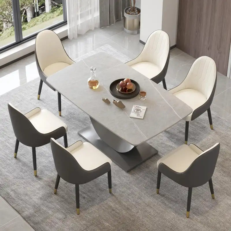 Table à manger moderne, plateau de table incurvé en pierre frittée avec piédestal en forme de lune