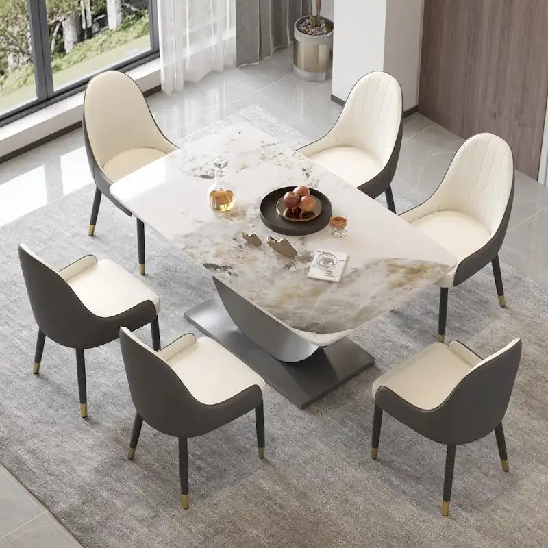 Table à manger moderne, plateau de table incurvé en pierre frittée avec piédestal en forme de lune