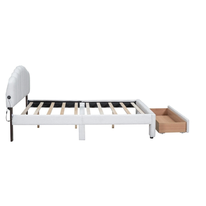Lit plateforme tapissé de taille Queen avec tiroir