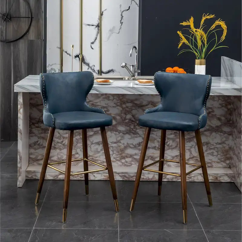 Lot de 2 tabourets de bar touffetés en similicuir et clous décoratifs, style Mid-century Modern