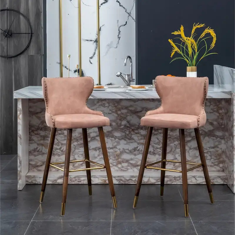 Lot de 2 tabourets de bar touffetés en similicuir et clous décoratifs, style Mid-century Modern