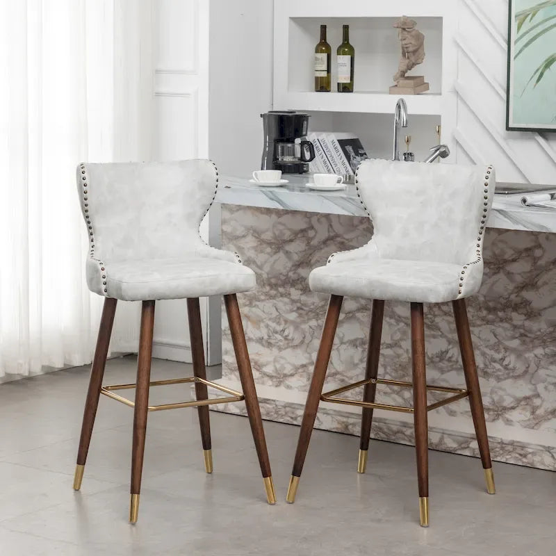 Lot de 2 tabourets de bar touffetés en similicuir et clous décoratifs, style Mid-century Modern
