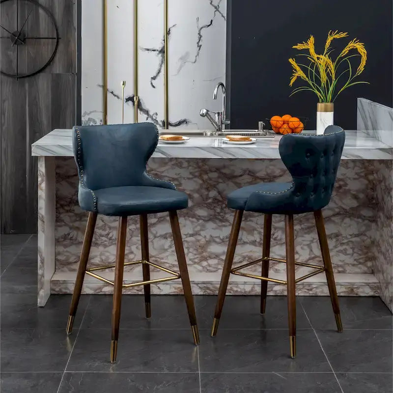 Lot de 2 tabourets de bar touffetés en similicuir et clous décoratifs, style Mid-century Modern