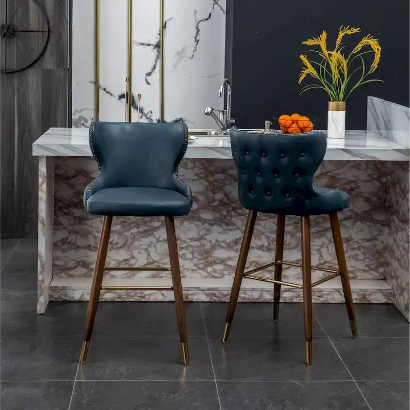 Lot de 2 tabourets de bar touffetés en similicuir et clous décoratifs, style Mid-century Modern