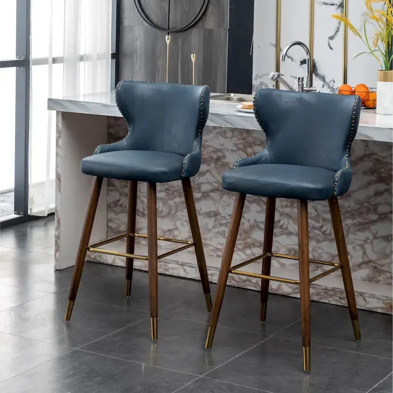 Lot de 2 tabourets de bar touffetés en similicuir et clous décoratifs, style Mid-century Modern