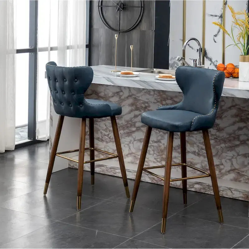 Lot de 2 tabourets de bar touffetés en similicuir et clous décoratifs, style Mid-century Modern