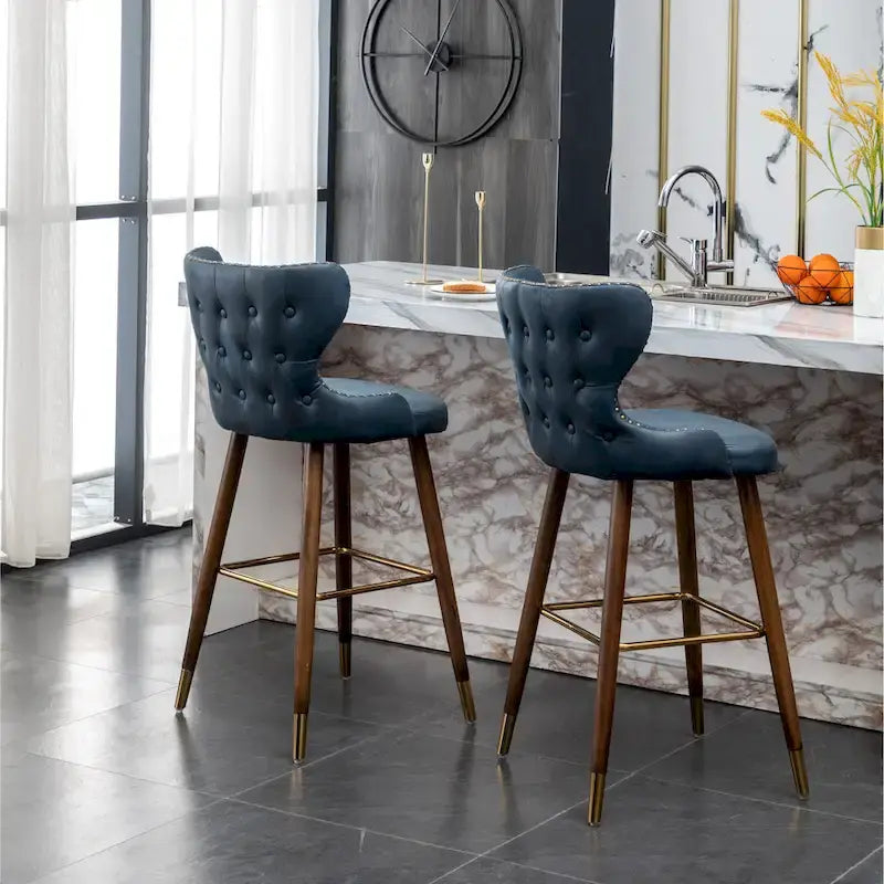 Lot de 2 tabourets de bar touffetés en similicuir et clous décoratifs, style Mid-century Modern