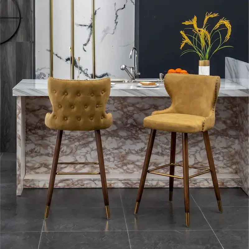 Lot de 2 tabourets de bar touffetés en similicuir et clous décoratifs, style Mid-century Modern