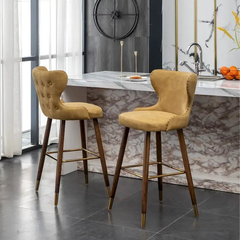 Lot de 2 tabourets de bar touffetés en similicuir et clous décoratifs, style Mid-century Modern
