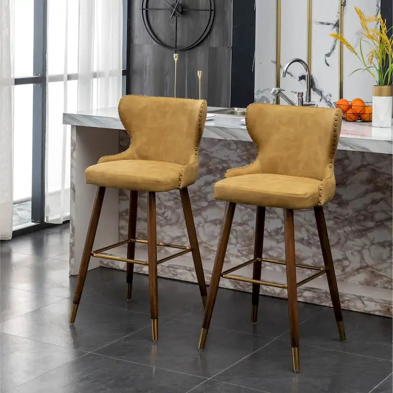Lot de 2 tabourets de bar touffetés en similicuir et clous décoratifs, style Mid-century Modern