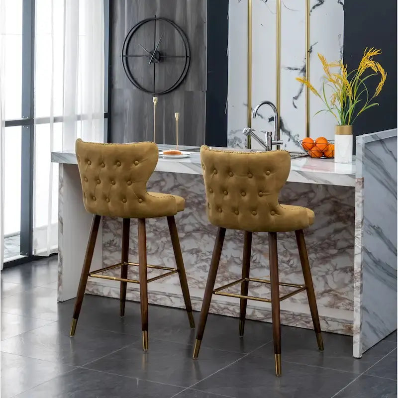 Lot de 2 tabourets de bar touffetés en similicuir et clous décoratifs, style Mid-century Modern
