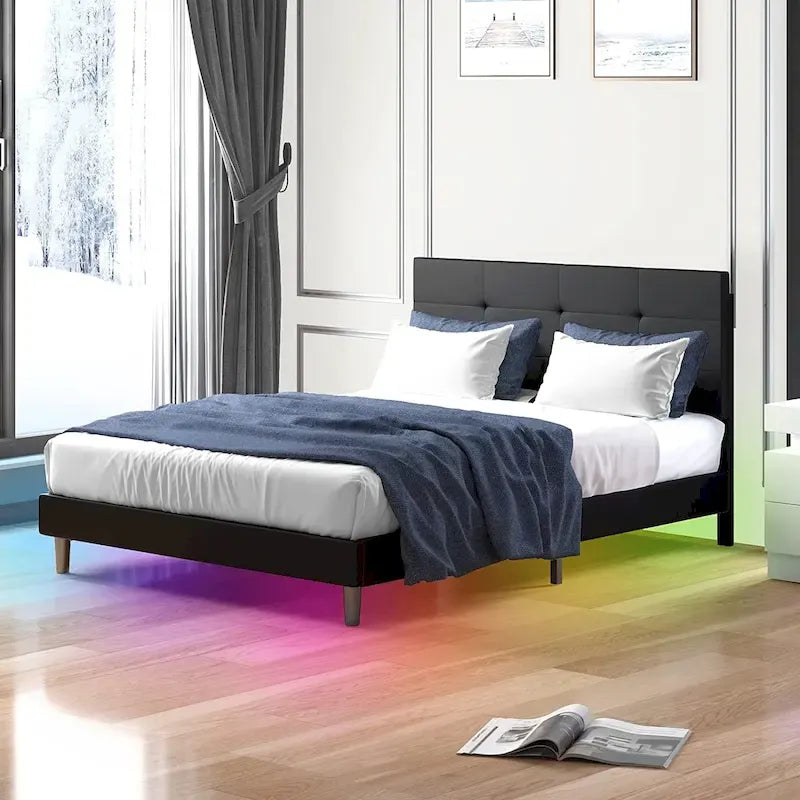 Cadre de lit avec lumières LED RGB intelligentes Tête de lit capitonnée en PVC Plateforme rembourrée Pas besoin de sommier tapissier