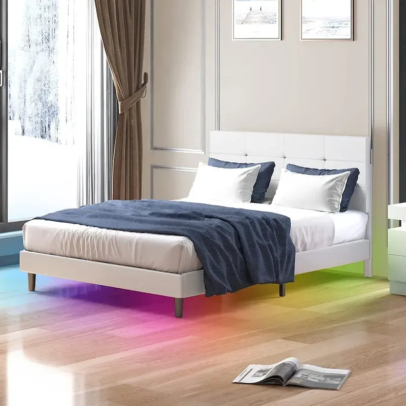 Cadre de lit avec lumières LED RGB intelligentes Tête de lit capitonnée en PVC Plateforme rembourrée Pas besoin de sommier tapissier