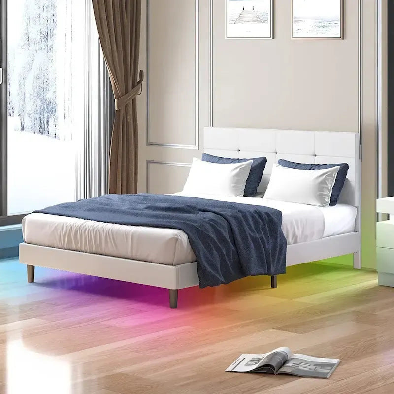 Cadre de lit avec lumières LED RGB intelligentes Tête de lit capitonnée en PVC Plateforme rembourrée Pas besoin de sommier tapissier