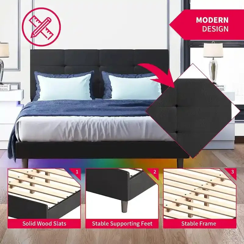 Cadre de lit avec lumières LED RGB intelligentes Tête de lit capitonnée en PVC Plateforme rembourrée Pas besoin de sommier tapissier