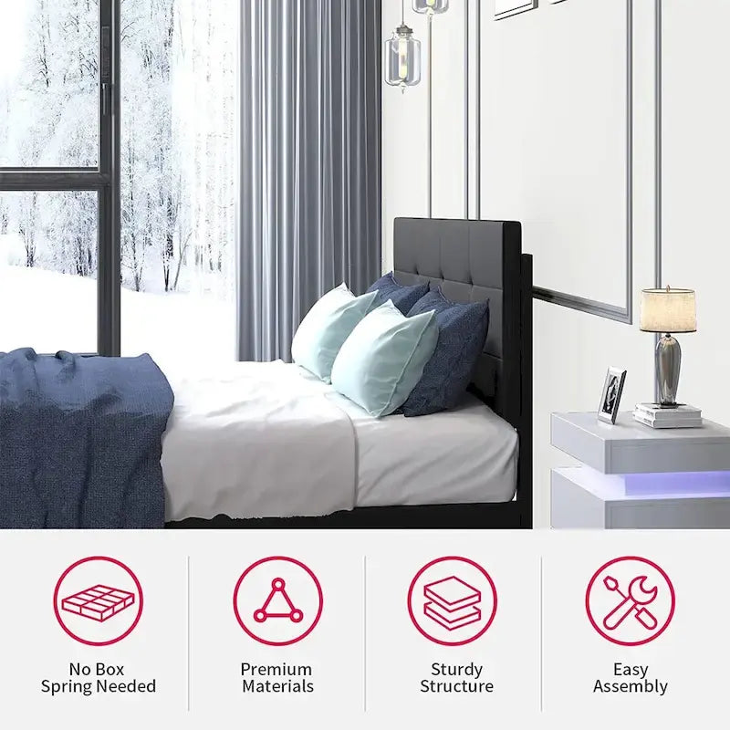 Cadre de lit avec lumières LED RGB intelligentes Tête de lit capitonnée en PVC Plateforme rembourrée Pas besoin de sommier tapissier
