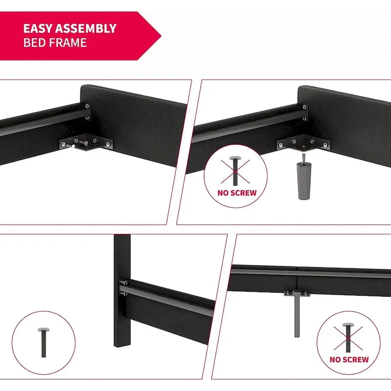 Cadre de lit avec lumières LED RGB intelligentes Tête de lit capitonnée en PVC Plateforme rembourrée Pas besoin de sommier tapissier