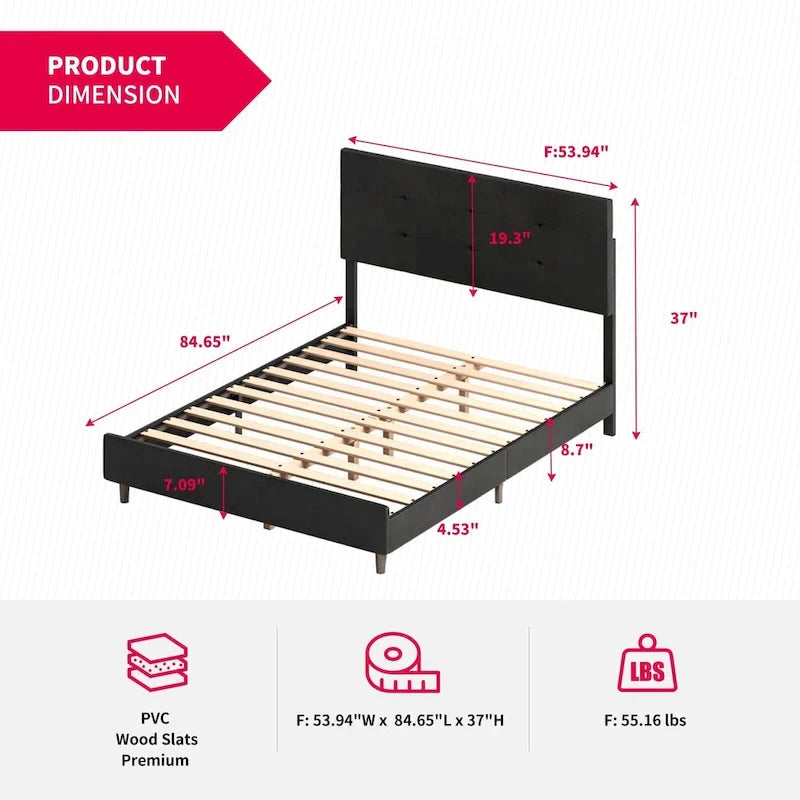 Cadre de lit avec lumières LED RGB intelligentes Tête de lit capitonnée en PVC Plateforme rembourrée Pas besoin de sommier tapissier