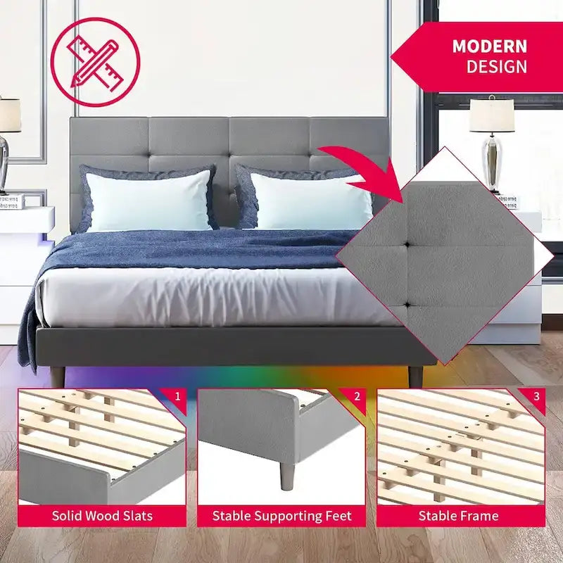 Cadre de lit avec lumières LED RGB intelligentes Tête de lit capitonnée en PVC Plateforme rembourrée Pas besoin de sommier tapissier
