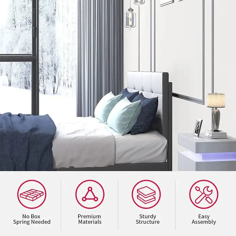 Cadre de lit avec lumières LED RGB intelligentes Tête de lit capitonnée en PVC Plateforme rembourrée Pas besoin de sommier tapissier