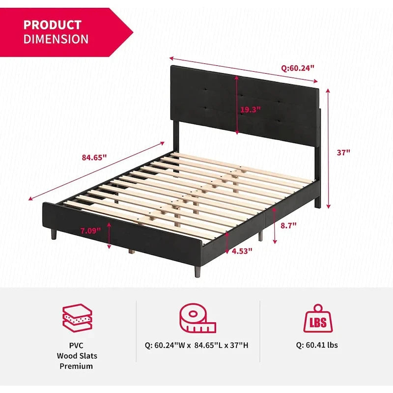 Cadre de lit avec lumières LED RGB intelligentes Tête de lit capitonnée en PVC Plateforme rembourrée Pas besoin de sommier tapissier
