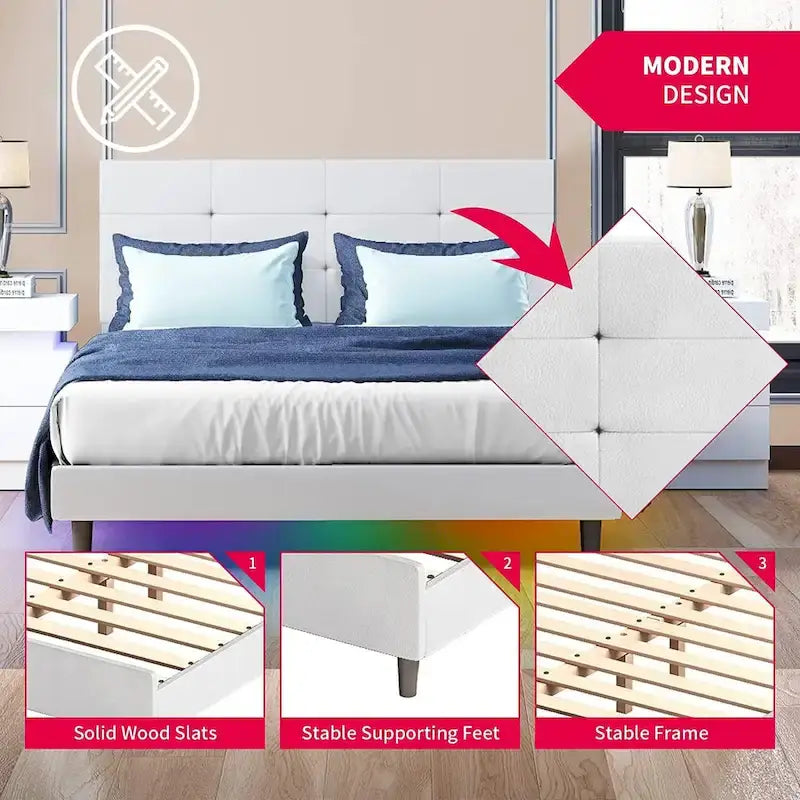 Cadre de lit avec lumières LED RGB intelligentes Tête de lit capitonnée en PVC Plateforme rembourrée Pas besoin de sommier tapissier
