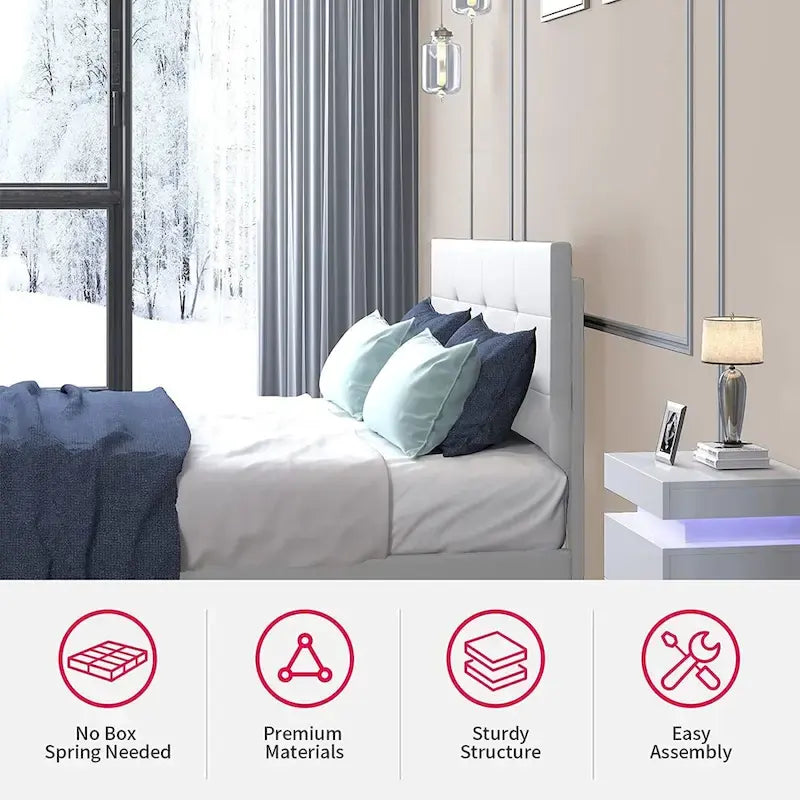 Cadre de lit avec lumières LED RGB intelligentes Tête de lit capitonnée en PVC Plateforme rembourrée Pas besoin de sommier tapissier