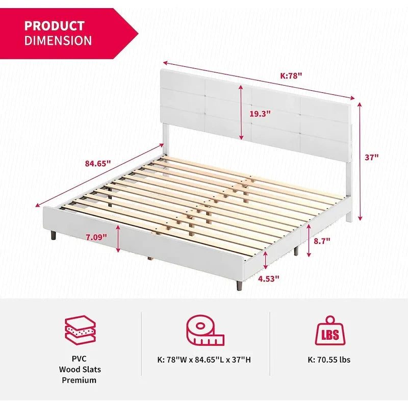 Cadre de lit avec lumières LED RGB intelligentes Tête de lit capitonnée en PVC Plateforme rembourrée Pas besoin de sommier tapissier